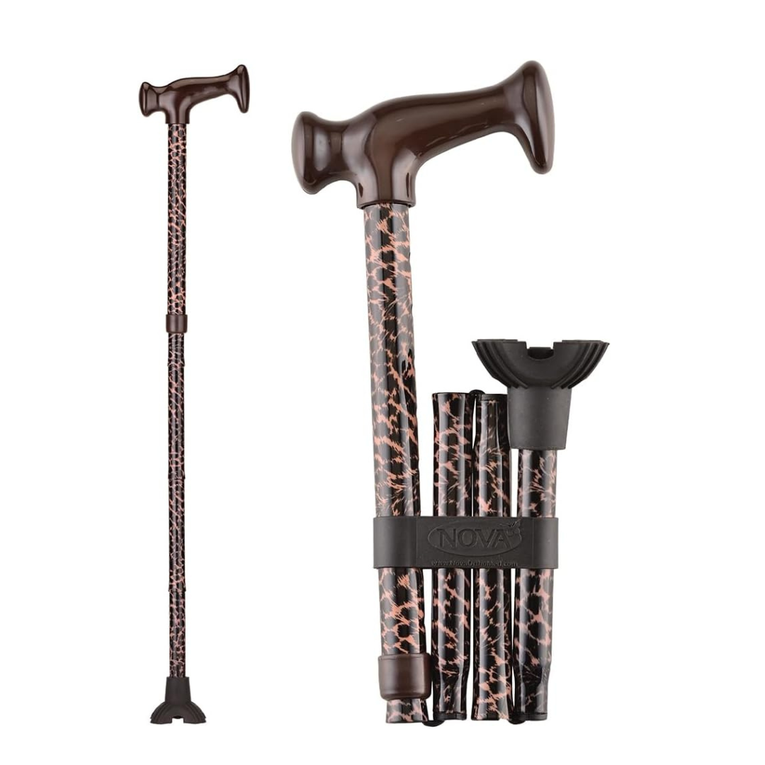 The Nova Folding Walking Cane with Wood Grip Handle & Quad Tip is shown fully extended and folded into four sections. It features a wood grip handle, quad tip for stability, and folds compactly—ideal as a portable travel cane.